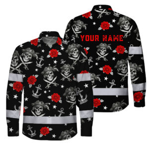 Hi Vis Hawaiian Long Sleeve Shirt Reflective Tapes Black Red Flower Skull Boat Custom Name Safety Workwear For Truckers, Operators