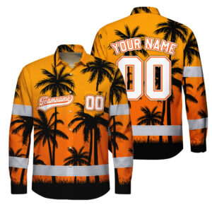 Hi Vis Hawaiian Long Sleeve Shirt Reflective Tapes Orange Black Flower Custom Name And Number Safety Workwear For Truckers, Operators