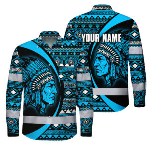 Hi Vis Hawaiian Long Sleeve Shirt Reflective Tapes Blue Native Custom Name Safety Workwear For Workers, Truckers, Operators