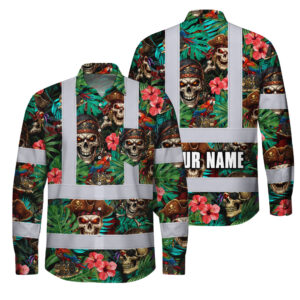 Hi Vis Hawaiian Long Sleeve Shirt Reflective Tapes Flower Skull Boat Custom Name Safety Workwear For Truckers, Operators