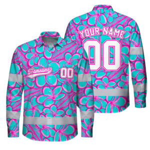 Hi Vis Hawaiian Long Sleeve Shirt Reflective Tapes Blue Pink Flower 3 Custom Name And Number Safety Workwear For Truckers, Operators