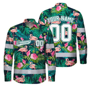 Hi Vis Hawaiian Long Sleeve Shirt Reflective Tapes Flamingo Flower Custom Name And Number Safety Workwear For Truckers, Operators