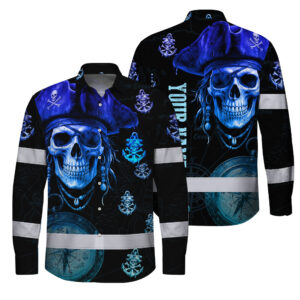 Hi Vis Hawaiian Long Sleeve Shirt Reflective Tapes Green Black 2 Skull Boat Custom Name Safety Workwear For Truckers, Operators