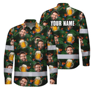 Hi Vis Hawaiian Long Sleeve Shirt Reflective Tapes Green Orange Drink Tropical Custom Name Safety Workwear For Truckers, Operators