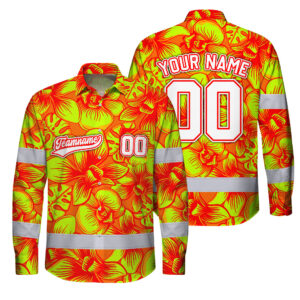 Hi Vis Hawaiian Long Sleeve Shirt Reflective Tapes Lime Orange Orchid Custom Name And Number Safety Workwear For Truckers, Operators