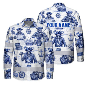 Hi Vis Hawaiian Long Sleeve Shirt Reflective Tapes White Blue Skull Boat Custom Name Safety Workwear For Truckers, Operators