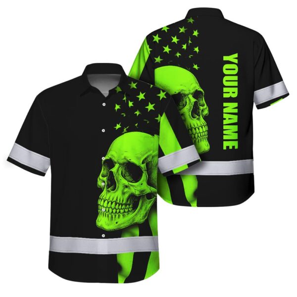 Black-Hi-Vis-Hawaiian-Shirt-Skull-USA-Flag-Orange-Reflective-Custom-Name-Safety-Workwear-for-Workers,-Truckers,-Skull-Lover-1