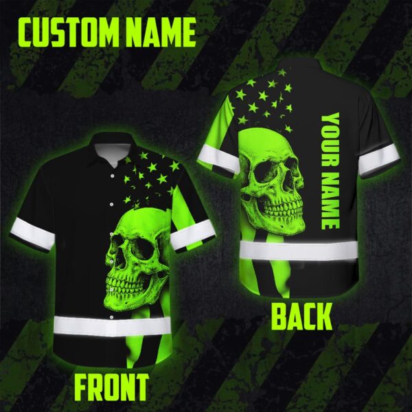 Black-Hi-Vis-Hawaiian-Shirt-Skull-USA-Flag-Orange-Reflective-Custom-Name-Safety-Workwear-for-Workers,-Truckers,-Skull-Lover-2