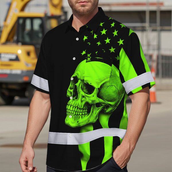 Black-Hi-Vis-Hawaiian-Shirt-Skull-USA-Flag-Orange-Reflective-Custom-Name-Safety-Workwear-for-Workers,-Truckers,-Skull-Lover-3
