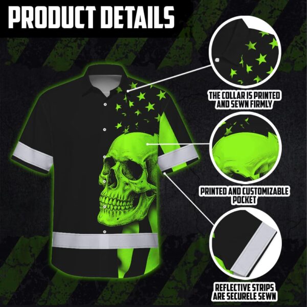 Black-Hi-Vis-Hawaiian-Shirt-Skull-USA-Flag-Orange-Reflective-Custom-Name-Safety-Workwear-for-Workers,-Truckers,-Skull-Lover-6