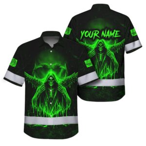 Hi Vis Hawaiian Shirt Pattern Skull Reflective Safety Workwear For Skull Lovers, Workers, Runners, Truckers