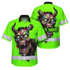 Hi Vis Hawaiian Shirt Reflective Green Neon Paint Plash Skull Custom Name for Workers, Truckers