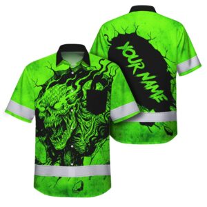 Hi Vis Hawaiian Shirt Reflective Green Neon Ripping Off Skull Custom Name for Workers, Truckers