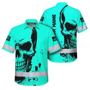 Hi Vis Hawaiian Shirt Reflective Mint Neon Skull Custom Name Safety Workwear For Cyclists, Skull Lover