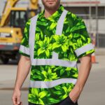 Hi-Vis-Hawaiian-Shirt-Reflective-Tapes-Green-Lime-Lilies-Custom-Name-Safety-Workwear-For-Workers,-Truckers,-Operators-MK1