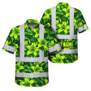 Hi Vis Hawaiian Shirt Reflective Tapes Green Lime Lilies Custom Name Safety Workwear For Workers, Truckers, Operators