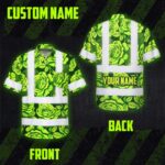 Hi-Vis-Hawaiian-Shirt-Reflective-Tapes-Green-Lime-Roses-Custom-Name-Safety-Workwear-For-Workers,-Truckers,-Operators-Custom