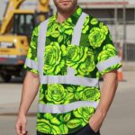 Hi-Vis-Hawaiian-Shirt-Reflective-Tapes-Green-Lime-Roses-Custom-Name-Safety-Workwear-For-Workers,-Truckers,-Operators-MK1
