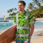 Hi-Vis-Hawaiian-Shirt-Reflective-Tapes-Green-Lime-Roses-Custom-Name-Safety-Workwear-For-Workers,-Truckers,-Operators-MK4