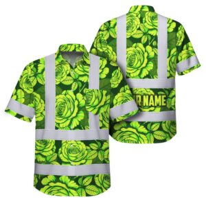 Hi Vis Hawaiian Shirt Reflective Tapes Green Lime Roses Custom Name Safety Workwear For Workers, Truckers, Operators
