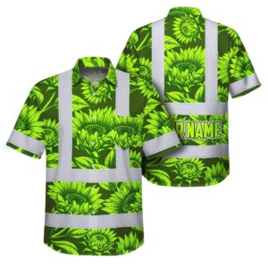 Hi Vis Hawaiian Shirt Reflective Tapes Green Lime Sunflowers Custom Name Safety Workwear For Workers, Truckers, Operators