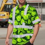 Hi-Vis-Hawaiian-Shirt-Reflective-Tapes-Green-Lime-Tulips-Custom-Name-Safety-Workwear-For-Workers,-Truckers,-Operators-MK1