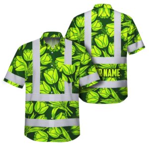 Hi Vis Hawaiian Shirt Reflective Tapes Green Lime Tulips Custom Name Safety Workwear For Workers, Truckers, Operators