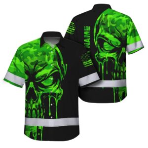 Hi Vis Hawaiian Shirt Safety Workwear With Bold Skull Camo In Neon Green And Name Customization for Workers, Truckers