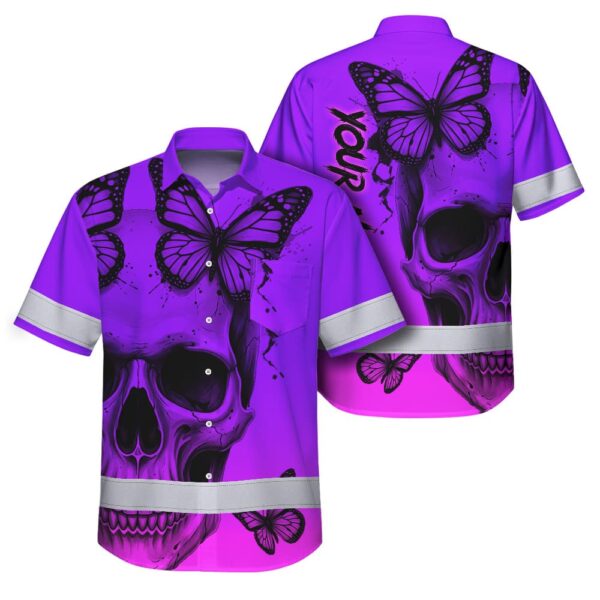 Violet-Neon-Skull-With-Butterfly-Hi-Vis-Hawaiian-Shirt-–-Personalized-Safety-Workwear-for-Workers,-Truckers-1