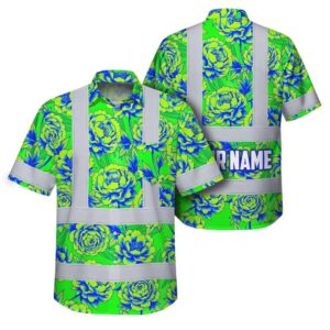 Hi Vis Hawaiian Shirt Reflective Tapes Green Blue Peonies Custom Name Safety Workwear For Workers, Truckers, Operators
