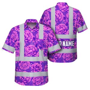 Hi Vis Hawaiian Shirt Reflective Tapes Violet Pink Peonies Custom Name Safety Workwear For Workers, Truckers, Operators