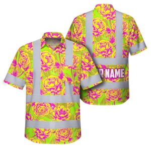 Hi Vis Hawaiian Shirt Reflective Tapes Yellow Pink Peonies Custom Name Safety Workwear For Workers, Truckers, Operators