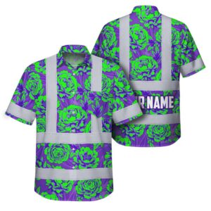 Hi Vis Hawaiian Shirt Reflective Tapes Violet Green Peonies Custom Name Safety Workwear For Workers, Truckers, Operators