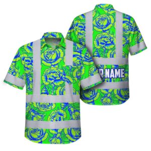 Hi Vis Hawaiian Shirt Reflective Tapes Green Blue Carnations Custom Name Safety Workwear For Workers, Truckers, Operators