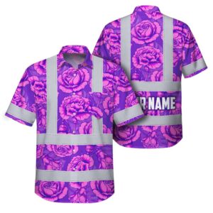 Hi Vis Hawaiian Shirt Reflective Tapes Violet Pink Carnations Custom Name Safety Workwear For Workers, Truckers, Operators