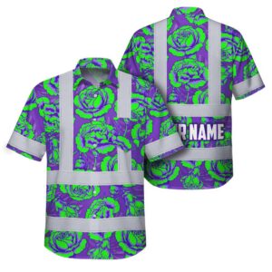 Hi Vis Hawaiian Shirt Reflective Tapes Violet Green Carnations Custom Name Safety Workwear For Workers, Truckers, Operators