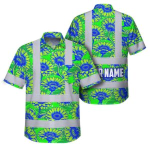 Hi Vis Hawaiian Shirt Reflective Tapes Green Blue Gerbera Daisies Custom Name Safety Workwear For Workers, Truckers, Operators