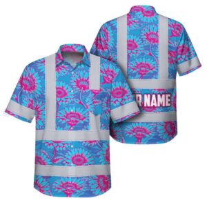 Hi Vis Hawaiian Shirt Reflective Tapes Blue Pink Gerbera Daisies Custom Name Safety Workwear For Workers, Truckers, Operators