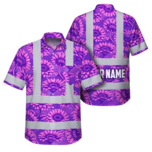 Hi Vis Hawaiian Shirt Reflective Tapes Violet Pink Gerbera Daisies Custom Name Safety Workwear For Workers, Truckers, Operators