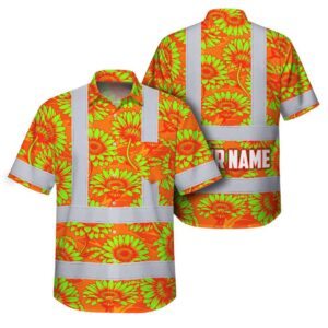 Hi Vis Hawaiian Shirt Reflective Tapes Orange Lime Gerbera Daisies Custom Name Safety Workwear For Workers, Truckers, Operators