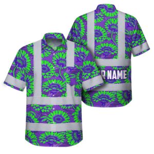 Hi Vis Hawaiian Shirt Reflective Tapes Violet Green Gerbera Daisies Custom Name Safety Workwear For Workers, Truckers, Operators