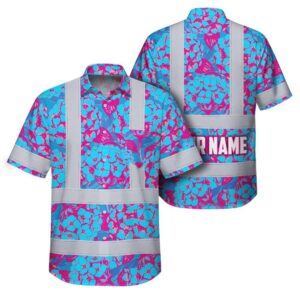 Hi Vis Hawaiian Shirt Reflective Tapes Blue Pink Hydrangeas Custom Name Safety Workwear For Workers, Truckers, Operators
