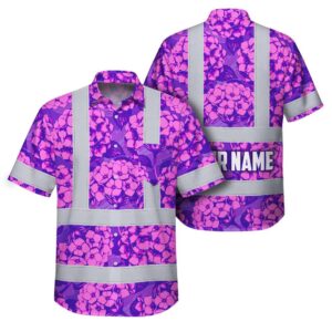 Hi Vis Hawaiian Shirt Reflective Tapes Violet Pink Hydrangeas Custom Name Safety Workwear For Workers, Truckers, Operators