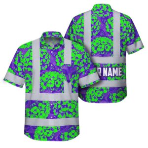 Hi Vis Hawaiian Shirt Reflective Tapes Violet Green Hydrangeas Custom Name Safety Workwear For Workers, Truckers, Operators