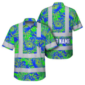 Hi Vis Hawaiian Shirt Reflective Tapes Green Blue Chrysanthemums Custom Name Safety Workwear For Workers, Truckers, Operators