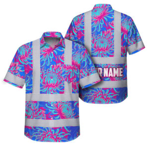 Hi Vis Hawaiian Shirt Reflective Tapes Blue Pink Chrysanthemums Custom Name Safety Workwear For Workers, Truckers, Operators