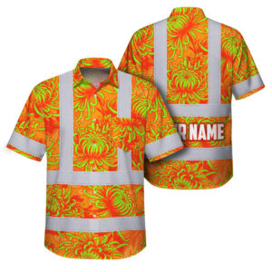 Hi Vis Hawaiian Shirt Reflective Tapes Orange Lime Chrysanthemums Custom Name Safety Workwear For Workers, Truckers, Operators