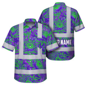 Hi Vis Hawaiian Shirt Reflective Tapes Violet Green Chrysanthemums Custom Name Safety Workwear For Workers, Truckers, Operators