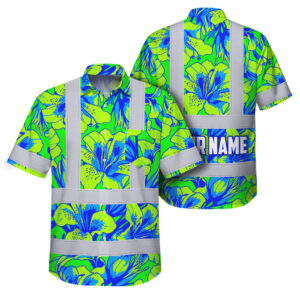 Hi Vis Hawaiian Shirt Reflective Tapes Green Blue Alstroemeria Custom Name Safety Workwear For Workers, Truckers, Operators
