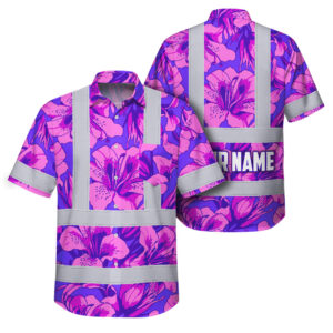 Hi Vis Hawaiian Shirt Reflective Tapes Violet Pink Alstroemeria Custom Name Safety Workwear For Workers, Truckers, Operators
